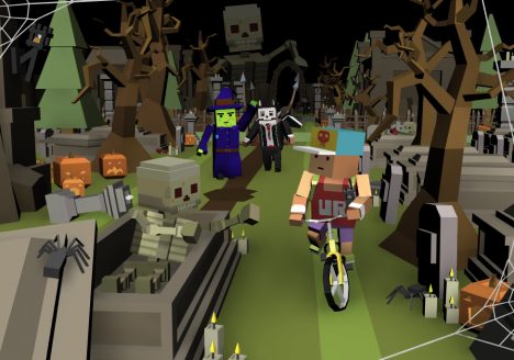 Szene aus dem Hallyween Special, welches kurzzeitig in der Vollversion von URBAN RIDERS verfügbar ist.